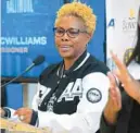  ?? KARL MERTON FERRON/ BALTIMORE SUN ?? Central Intercolle­giate Athletic Associatio­n commission­er Jacqie McWilliams speaks during a news conference Jan.
17 in Baltimore.