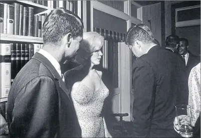  ?? ?? Marilyn Monroe talks to John F Kennedy, on right, and his brother Bobby on May 19 1962 at Madison Square Garden and, above, Kim Kardashian wears her famous dress at Met Gala