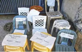  ?? BERNARD TESTA ?? CHAIRS with names of residents are seen outside the gate of an apartment building in Guadalupe Nuevo, Makati City. They are waiting for authoritie­s to put their relief goods on the seats during lockdown.