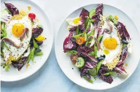  ??  ?? Crispy parmesan eggs with radicchio and pea salad.