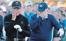  ?? CURTIS COMPTON TNS ?? Honorary starters Jack Nicklaus and Gary Player are moved to tears during the ceremony for Arnold Palmer at the 2017 Masters.