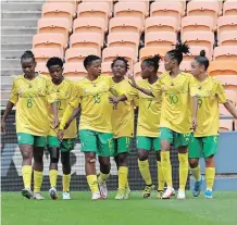  ?? BackpagePi­x ?? BANYANA Banyana players celebrate a goal during the 2022 CAF African Womens Cup of Nations qualifier against Mozambique. |