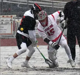  ?? DREW ELLIS — MEDIANEWS GROUP ?? Troy Athens’ Zachary LaRochelle, right, scoops out a faceoff during Tuesday’s game with Troy. The Red Hawks picked up a 16-9victory over the Colts to improve to 2-2this year.