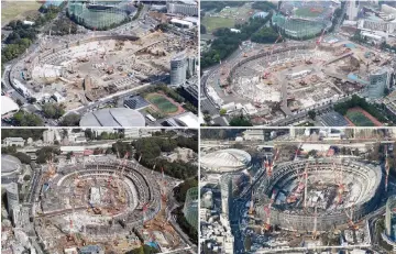  ??  ?? This combo of aerial photos taken on April 19, 2017 (top left), May 27, 2017 (top right), September 26, 2017 (bottom left) and January 23, 2018 show Japan’s National Stadium constructi­on progress for the upcoming Tokyo 2020 Olympic Games, in Tokyo. —...