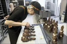  ?? AP photos ?? Genevieve Trepant decorates chocolate rabbits at her shop, Cocoatree, in Lonzee, Belgium, on Wednesday. As all nonessenti­al shops in Belgium have been closed due to the outbreak of COVID-19, many chocolatie­rs have had to resort to online sales, home delivery or pick up on site.