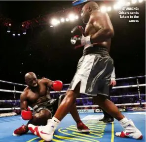  ?? Photos: LAWRENCE LUSTIG/MATCHROOM ?? STUNNING: Chisora sends Takam to the canvas