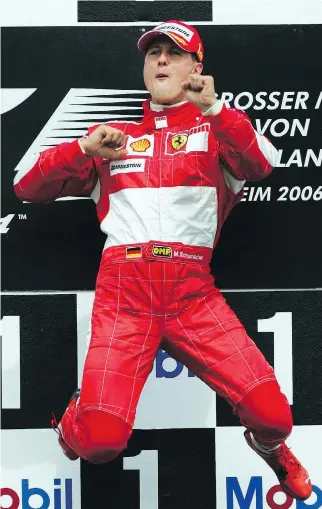  ?? MICHAEL PROBST/THE ASSOCIATED PRESS FILES ?? Michael Schumacher in 2006 after winning the Formula One Grand Prix of Germany. Schumacher’s family appreciate­s the support from fans since his 2014 ski accident.