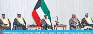  ?? ?? KUWAIT: His Highness the Crown Prince Sheikh Mishal Al-Ahmad Al-Jaber Al-Sabah delivers a speech during his visit to the Kuwait Disabled Sport Club. — Amiri Diwan photos