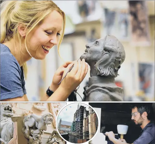  ??  ?? HARD WORK: Top, York Minster stonemason Harriet Pace; from left, plaster casts of grotesques used for reference; the scaffold-clad South Quire Aisle; apprentice stonemason Matt Rowe.