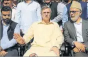  ?? WASEEM ANDRABI/HT ?? ■ National Conference vicepresid­ent Omar Abdullah (centre) with other party leaders in Srinagar on Tuesday.