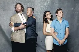  ?? Jay L. Clendenin Los Angeles Times ?? THE CAST of “Ready Player One,” T.J. Miller, from left, Ben Mendelsohn, Olivia Cookie and Sheridan visit The Times photo studio at Comic-Con on July 22.