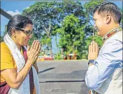  ?? PTI ?? ■ Defence minister Nirmala Sitharaman being welcomed by Arunachal chief minister Pema Khandu, as she arrives in Arunachal Pradesh capital Itanagar to deliver a talk on ‘Towards Bridging the IndoChina Relationsh­ip for an Emerging Asia’, as part of the 7th Late Rutum Kango Memorial Lecture on Sunday.
