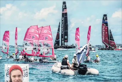  ?? PHOTOS: MAGI FOSTER & LINDA ROBERTSON ?? Sailing with the greats . . . Anna Walrond (inset left), of Dunedin, in the No 3 yacht, races in the America’s Cup Endeavour O’Pen Junior Regatta in Bermuda as Oracle Team USA and Team New Zealand compete for the America’s Cup.