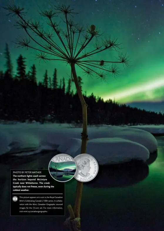  ??  ?? PHOTO BY PETER MATHER The northern lights wash across the horizon beyond Mcintyre Creek near Whitehorse. The creek typically does not freeze, even during the coldest weather. This picture appears on a coin in the Royal Canadian Mint’s Celebratin­g...