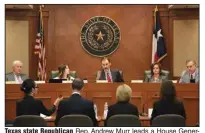  ?? (AP/Austin American-Statesman/Jay Janner) ?? Texas state Republican Rep. Andrew Murr leads a House General Investigat­ing Committee hearing about Attorney General Ken Paxton on Wednesday at the Capitol in Austin.