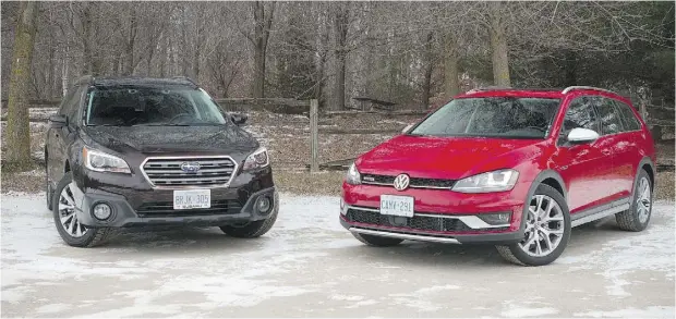  ?? BRIAN HARPER / DRIVING. CA ?? The Subaru Outback 3.6R Premier, left, goes up against the Volkswagen Golf Alltrack in our 2017 comparison test.