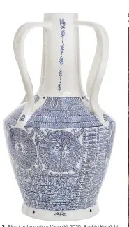  ??  ?? 2. Blue Lachrymato­ry Vase (ii), 2020, Rachid Koraïchi (b. 1947), ceramic with cobalt oxide underglaze, ht 51cm. October Gallery, London