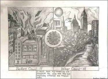  ?? (Courtesy Photo/Hudson Drutchas) ?? When Hudson Drutchas, 12, of Chicago, draws his version of the future, he makes a detailed pencil sketch showing life before the coronaviru­s and after. The world before is full of pollution in the drawing. In the future, the city is lush with clear skies and more wildlife and trees. “I think the environmen­t might kind of like replenish itself or maybe grow back,” he says.