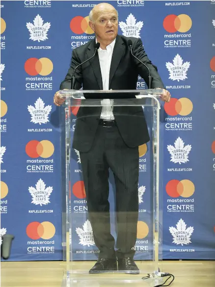  ?? JACK BOLAND / POSTMEDIA NEWS ?? “We’re in a league with parity,” said Toronto third-year general manager Lou Lamoriello. “And parity means everybody is pretty close. It means we have to get better in all areas of our game.”