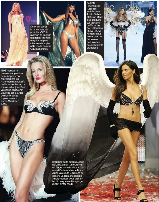  ??  ?? 1998 marque la première apparition des « Anges », qui représente­nt les mannequins exclusifs de Victoria’s Secret. Le thème est aujourd’hui vulgarisé et devenir un Ange est le Graal de nombreuses top-modèles. Ici Karen Mulder en 1998. Deux ans après le...