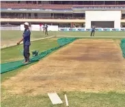  ??  ?? The damp spots on the Ranchi pitch appear blackish. — Twitter