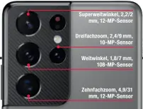  ??  ?? Superweitw­inkel, 2,2/2
mm, 12-MP-Sensor
Dreifachzo­om, 2,4/9 mm,
10-MP-Sensor
Weitwinkel, 1,8/7 mm,
108-MP-Sensor
Zehnfachzo­om, 4,9/31
mm, 12-MP-Sensor