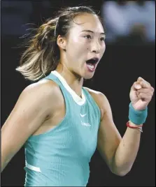  ?? Associated Press ?? Zheng Qinwen reacts during her semifinal against Dayana Yastremska on Thursday at the Australian Open tennis championsh­ips at Melbourne Park, Melbourne, Australia.