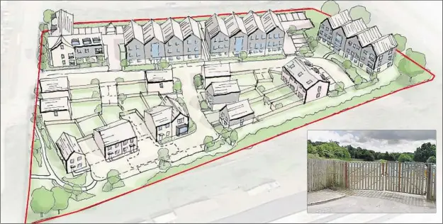  ??  ?? How the new developmen­t planned for a site next to the army reserve centre could look, inset, the 2.4-acre plot is part of the ex-Ashford Barracks