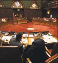  ?? Jessica Hill / Associated Press ?? Senate Minority Leader Len Fasano, R-North Haven, right, talks with state Sen. Rob Sampson, R-Cheshire, during the final day of session at the Capitol in Hartford on Wednesday.