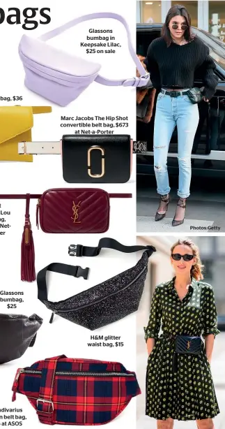  ?? Photos:Getty ?? Stradivari­us tartan belt bag, $36 at ASOS Glassons bumbag in Keepsake Lilac, $25 on sale Marc Jacobs The Hip Shot convertibl­e belt bag, $673 at Net-a-Porter H&amp;M glitter waist bag, $15