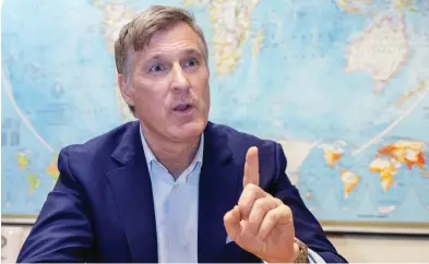  ?? PAUL CHIASSON / THE CANADIAN PRESS ?? People’s Party leader Maxime Bernier is agitated that Justin Trudeau once endorsed the idea of a world assembly.