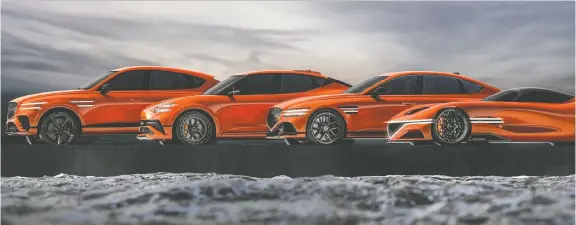  ?? GENESIS ?? Genesis has unveiled new Magma performanc­e variants of its vehicles — the four cars all wearing coats of retina-searing Magma Orange paint, writes Matthew Guy.