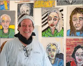  ?? DANA JENSEN/THE DAY ?? R. Douglass Rice with a few of the portraits he has painted from submitted selfies as part of his “Portraits of Friends in Isolation” project.