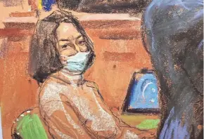  ?? JANE ROSENBERG/AFP VIA GETTY IMAGES ?? This courtroom sketch shows Ghislaine Maxwell in court for her trial on charges of sex traffickin­g on Friday in New York.