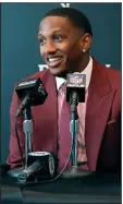  ?? (AP/John Bazemore) ?? The Atlanta Falcons’ first-round draft choice quarterbac­k Michael Penix Jr. speaks during a news conference Friday in Flowery Branch, Ga.