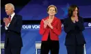  ?? Photograph: Brian Cahn/ZUMA Wire/REX/ Shuttersto­ck ?? Biden, Warren and Harris at a presidenti­al debate in Houston in September.