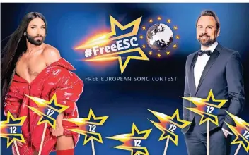  ?? FOTO: PROSIEBEN/SVEN DOORNKAAT/BENEDIKT MÜLLER ?? Bei der Prosieben-show „Free ESC“, die von Altmeister Stefan Raab produziert wird, moderieren Conchita Wurst (l.), die 2014 den ESC gewann, und Steven Gätjen.