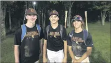  ?? ANDREW ROBINSON — MEDIANEWS GROUP ?? Hatfield-Towamencin’s (from left) Charlie Wetzel, Jack Picozzi and Quinn Martell helped the Titans stay alive in the Bux-Mont Connie Mack A Tournament with an 10-5 victory over Doylestown on Wednesday, Sept. 9, 2020 at School Road Park.
