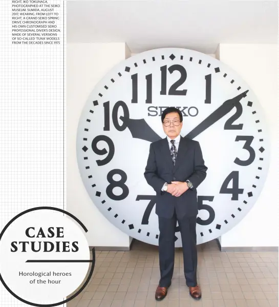  ??  ?? right, iko tokunaga, photograph­ed at the seiko museum, sumida, august 2017, wearing, from left to right, a grand seiko spring drive chronograp­h and His own customised seiko profession­al diver’s design, made of several versions of so-called ‘tuna’...