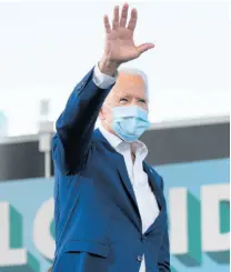  ?? AP ?? Democratic presidenti­al candidate former Vice President Joe Biden waves to the crowd at Miramar Regional Park in Miramar, Florida, on Tuesday October 13, 2020.