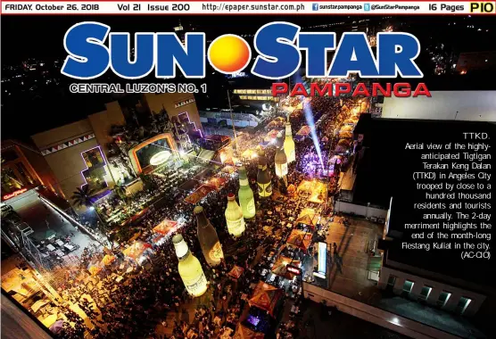  ??  ?? TTKD. Aerial view of the highlyanti­cipated Tigtigan Terakan Keng Dalan (TTKD) in Angeles City trooped by close to ahundred thousand residents and touristsan­nually. The 2-day merriment highlights theend of the month-long Fiestang Kuliat in the city.(AC-CIO)