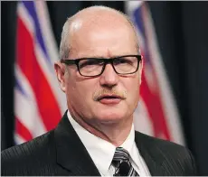  ?? CHAD HIPOLITO/THE CANADIAN PRESS ?? Finance Minister Mike de Jong, seen at a press conference at the legislatur­e in Victoria on Thursday, says he’s still “nervous” about the state of B.C.’s housing sector.