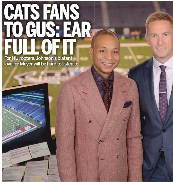  ?? FOX SPORTS ?? Gus Johnson (left) and Joel Klatt, who will be handling the Big Ten title game, have been tone-deaf with regard to Urban Meyer’s handling of the Zach Smith allegation­s.