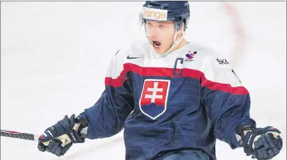  ?? CP PHOTO ?? Slovakia’s Martin Reway celebrates after scoring against Germany during first period preliminar­y round hockey action at the IIHF World Junior Championsh­ip in Montreal in December 2014.