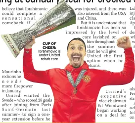  ??  ?? CUP OF CHEER: Ibrahimovi­c is under United rehab care