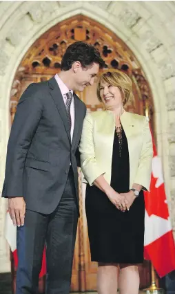  ?? SEAN KILPATRICK, THE CANADIAN PRESS ?? Prime Minister Justin Trudeau on Parliament Hill with heart researcher Mona Nemer, Canada’s new chief science adviser.