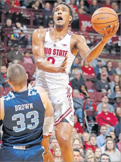  ?? [JOSHUA A. BICKEL/DISPATCH] ?? Ohio State’s Musa Jallow goes up for a shot and draws a blocking foul from The Citadel’s Hayden Brown during the second half. Blue Jackets vs. Maple Leafs When: TV: Radio: