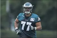  ?? MATT SLOCUM — THE ASSOCIATED PRESS ?? Eagles left tackle Andre Dillard reportedly suffered a torn biceps Thursday in training camp and could be lost for the season. The injury could mean that Jason Peters will move back to his old position.