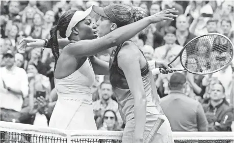  ?? ROBERT DEUTSCH, USA TODAY SPORTS ?? Sloane Stephens (left) shares a moment with Madison Keys after defeating her 6-3, 6-0 on Saturday.