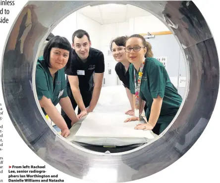  ??  ?? > From left: Rachael Lee, senior radiograph­ers Ian Worthingto­n and Danielle Williams and Natasha Peters at Singleton Hospital CT scanner